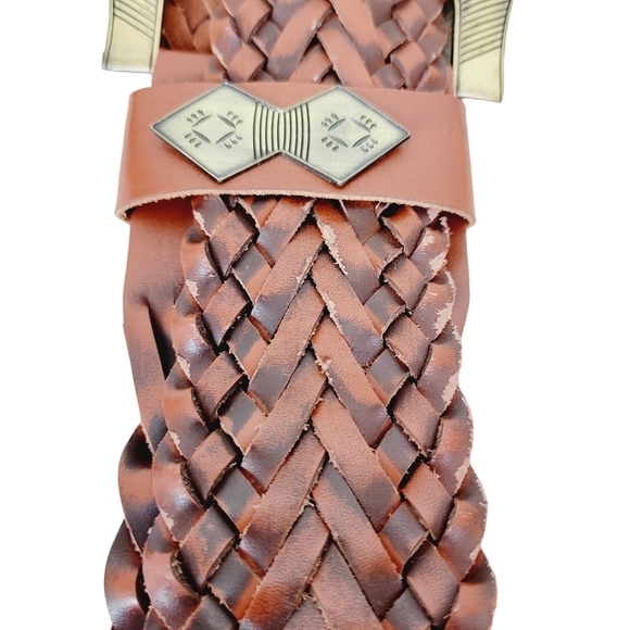 Cabi | Brown Leather Southwestern Bohemian Brass Buckle Wide Woven Braided Belt - Picture 8 of 9